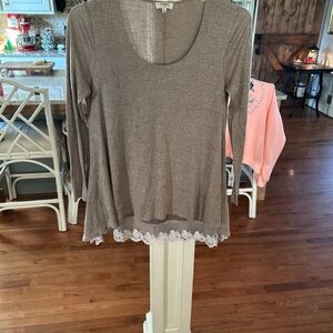 Umgee Taupe Long Sleeve Top with Lace Hem